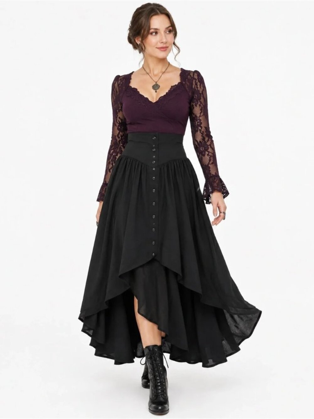 Black Victorian Gothic High Low Maxi Skirt Corset Lace Up Pirate Size Medium